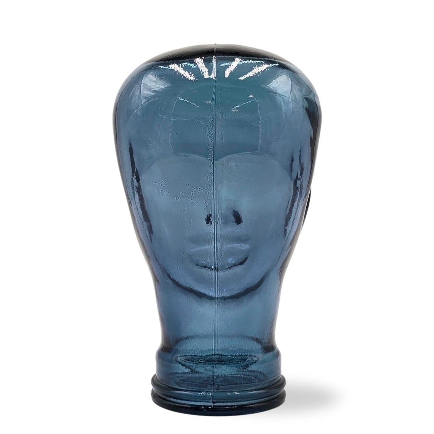 Glas KOPFHÖRERSTÄNDER transparent + satin | 29cm Glaskopf Skulptur | Farbe: T07 blau