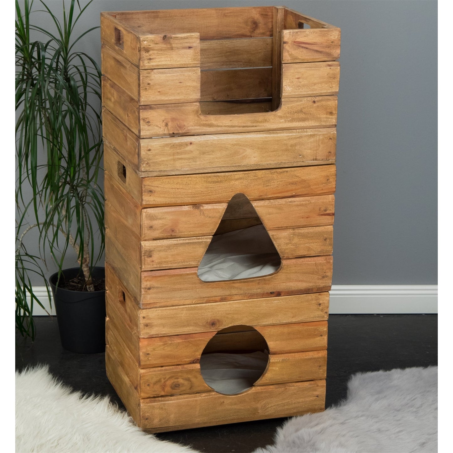 KATZENHAUS "KITTY" | Holz, 3-teilig | Katzenhütte mit Kissen