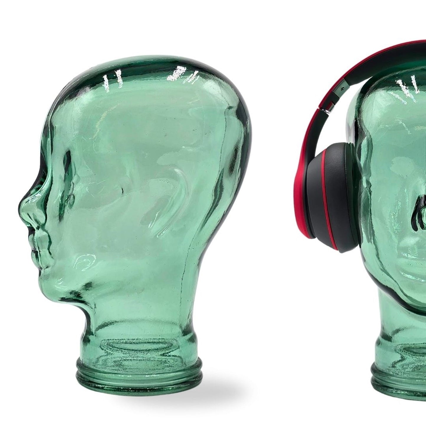 Glas KOPFHÖRERSTÄNDER transparent + satin | 29cm Glaskopf Skulptur | Farbe: T03 grün