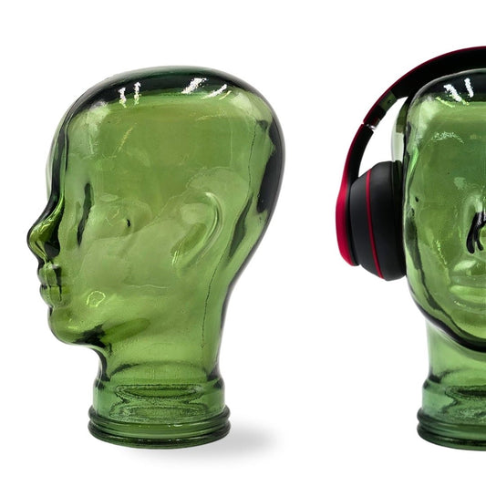 Glas KOPFHÖRERSTÄNDER transparent + satin | 29cm Glaskopf Skulptur