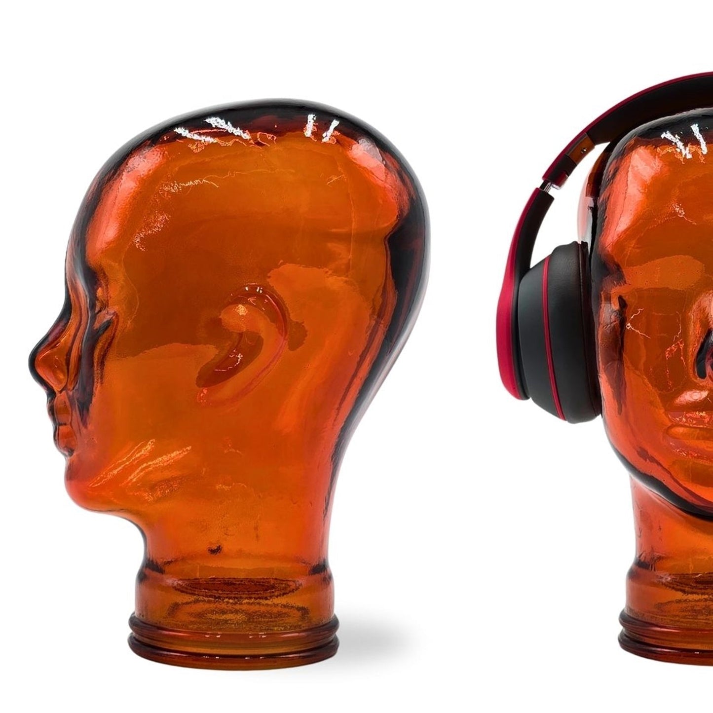 Glas KOPFHÖRERSTÄNDER transparent + satin | 29cm Glaskopf Skulptur