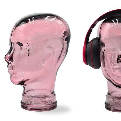 Glas KOPFHÖRERSTÄNDER transparent + satin | 29cm Glaskopf Skulptur