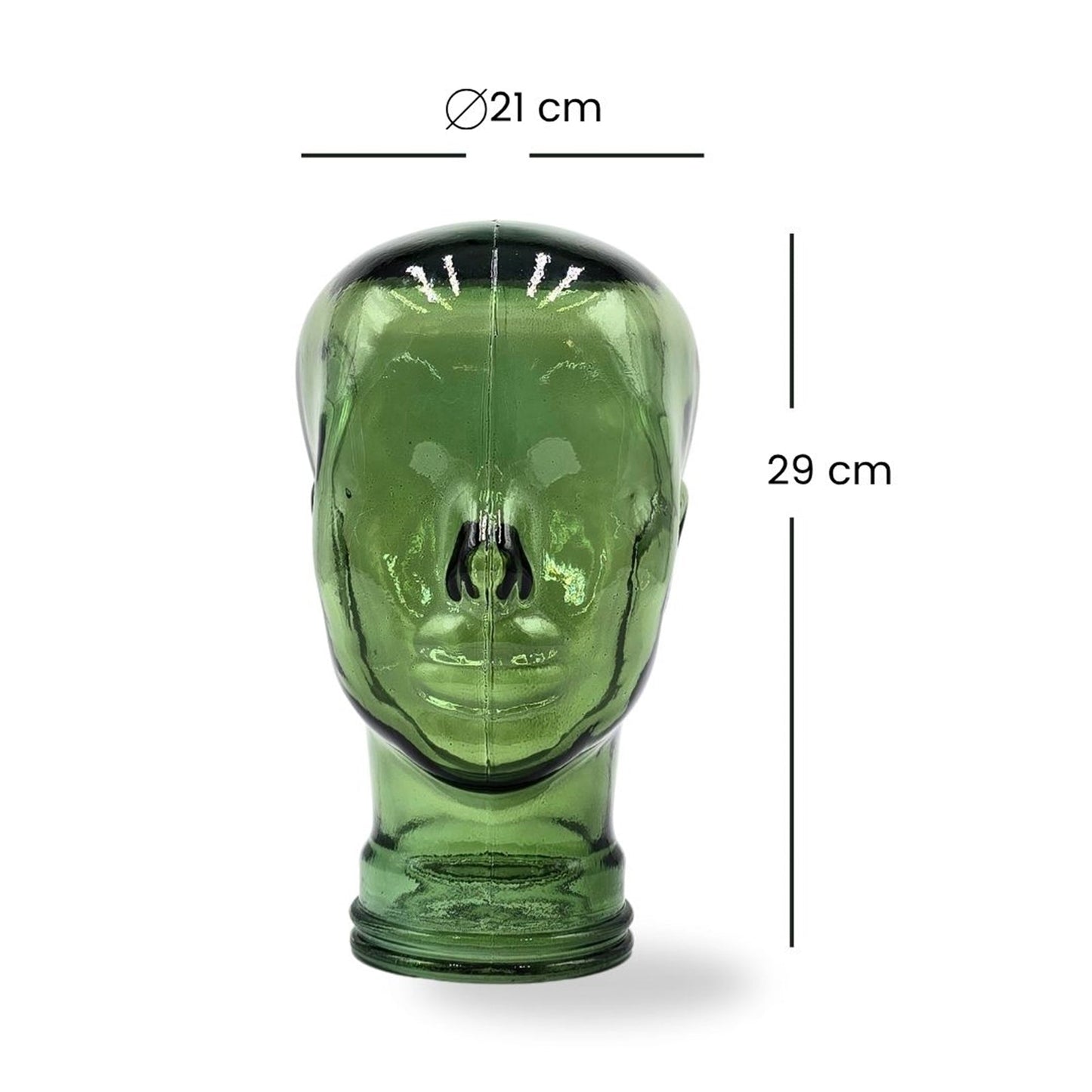 Glas KOPFHÖRERSTÄNDER transparent + satin | 29cm Glaskopf Skulptur | Farbe: T03 grün