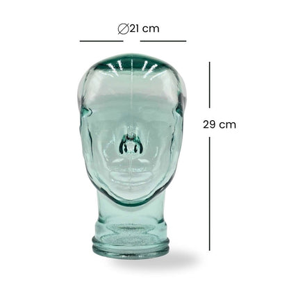 Glas KOPFHÖRERSTÄNDER transparent + satin | 29cm Glaskopf Skulptur | Farbe: T01 klar