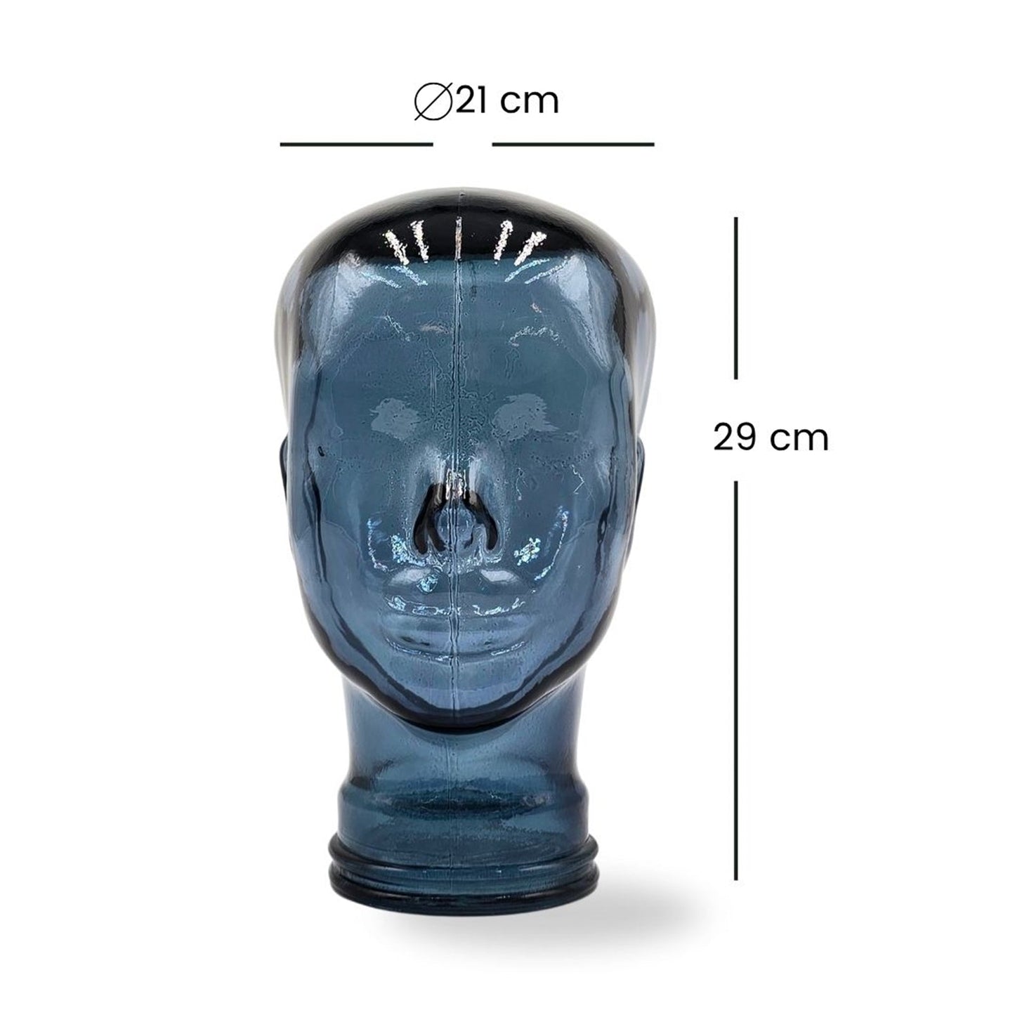 Glas KOPFHÖRERSTÄNDER transparent + satin | 29cm Glaskopf Skulptur | Farbe: T07 blau