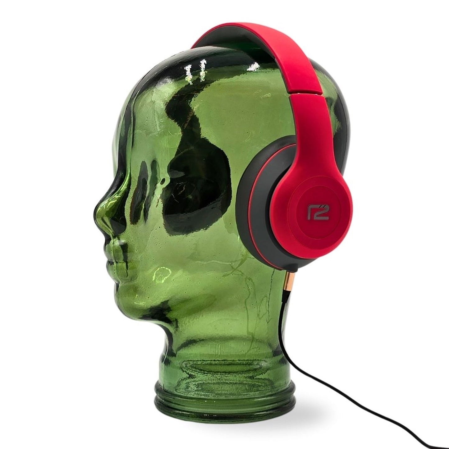 Glas KOPFHÖRERSTÄNDER transparent + satin | 29cm Glaskopf Skulptur | Farbe: T03 grün