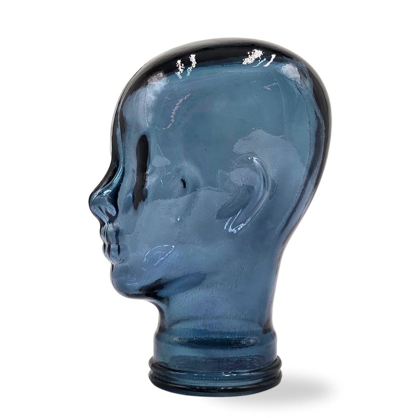 Glas KOPFHÖRERSTÄNDER transparent + satin | 29cm Glaskopf Skulptur | Farbe: T07 blau