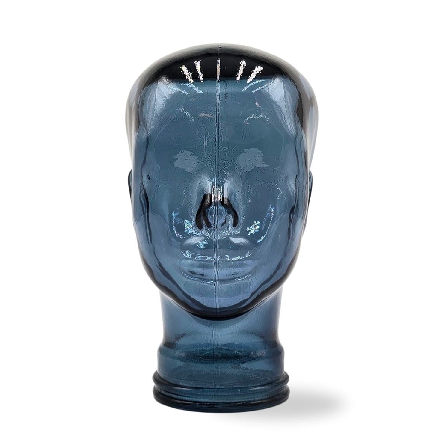 Glas KOPFHÖRERSTÄNDER transparent + satin | 29cm Glaskopf Skulptur | Farbe: T07 blau