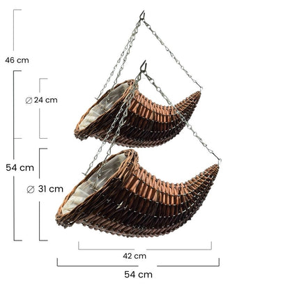 BLUMENAMPEL "FÜLLHORN" | 2er Set, Rattan | handgefertigt Korbgeflecht | Farbe: braun