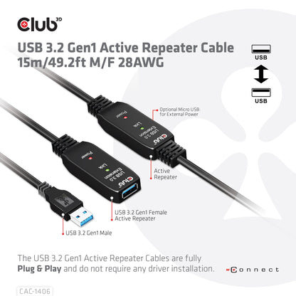 CLUB3D CAC-1406 USB-kablar 15 m USB 3.2 Gen 1 (3.1 Gen 1) USB A Svart