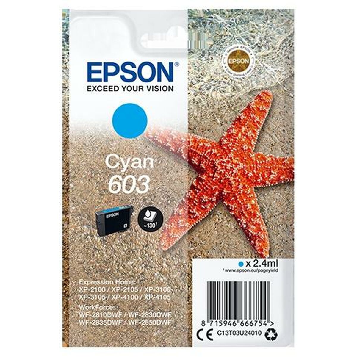 Original Tintenpatrone Epson XP-2100, 3100, 4100 / WF-2830DWF, 2850DW - Nº 603 Türkis (10 Stück)
