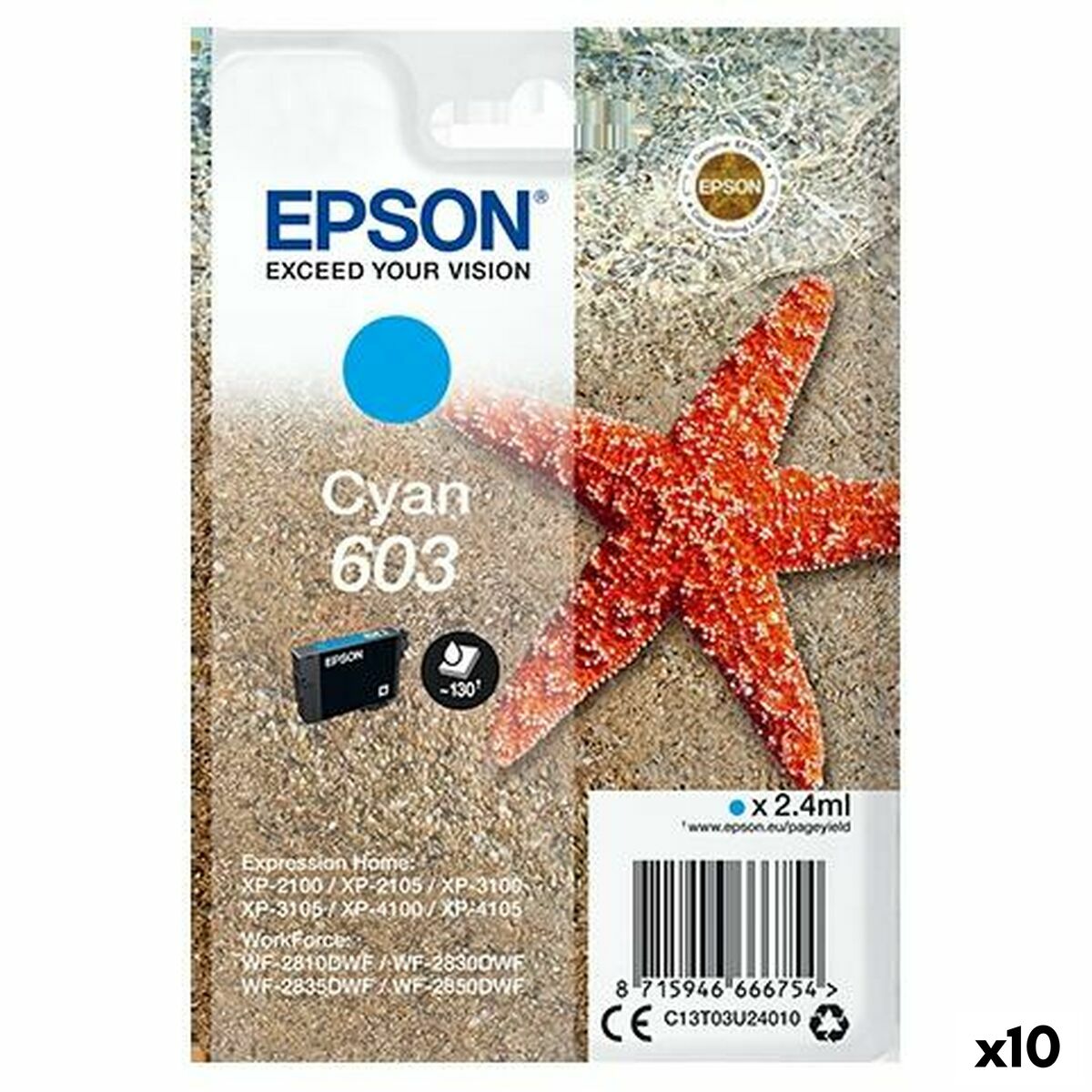 Original Tintenpatrone Epson XP-2100, 3100, 4100 / WF-2830DWF, 2850DW - Nº 603 Türkis (10 Stück)