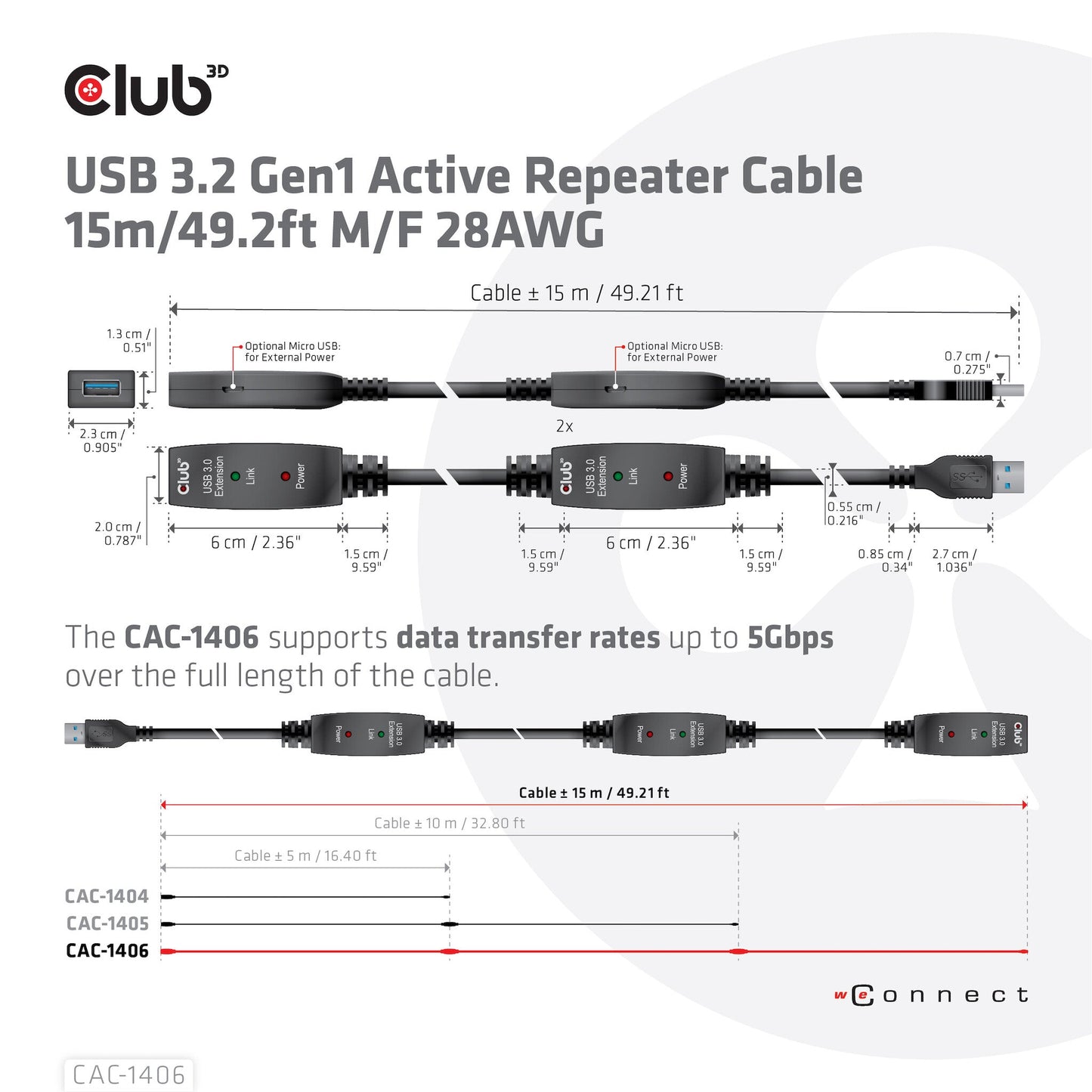CLUB3D CAC-1406 USB-kablar 15 m USB 3.2 Gen 1 (3.1 Gen 1) USB A Svart