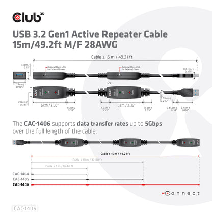 CLUB3D CAC-1406 USB-kablar 15 m USB 3.2 Gen 1 (3.1 Gen 1) USB A Svart