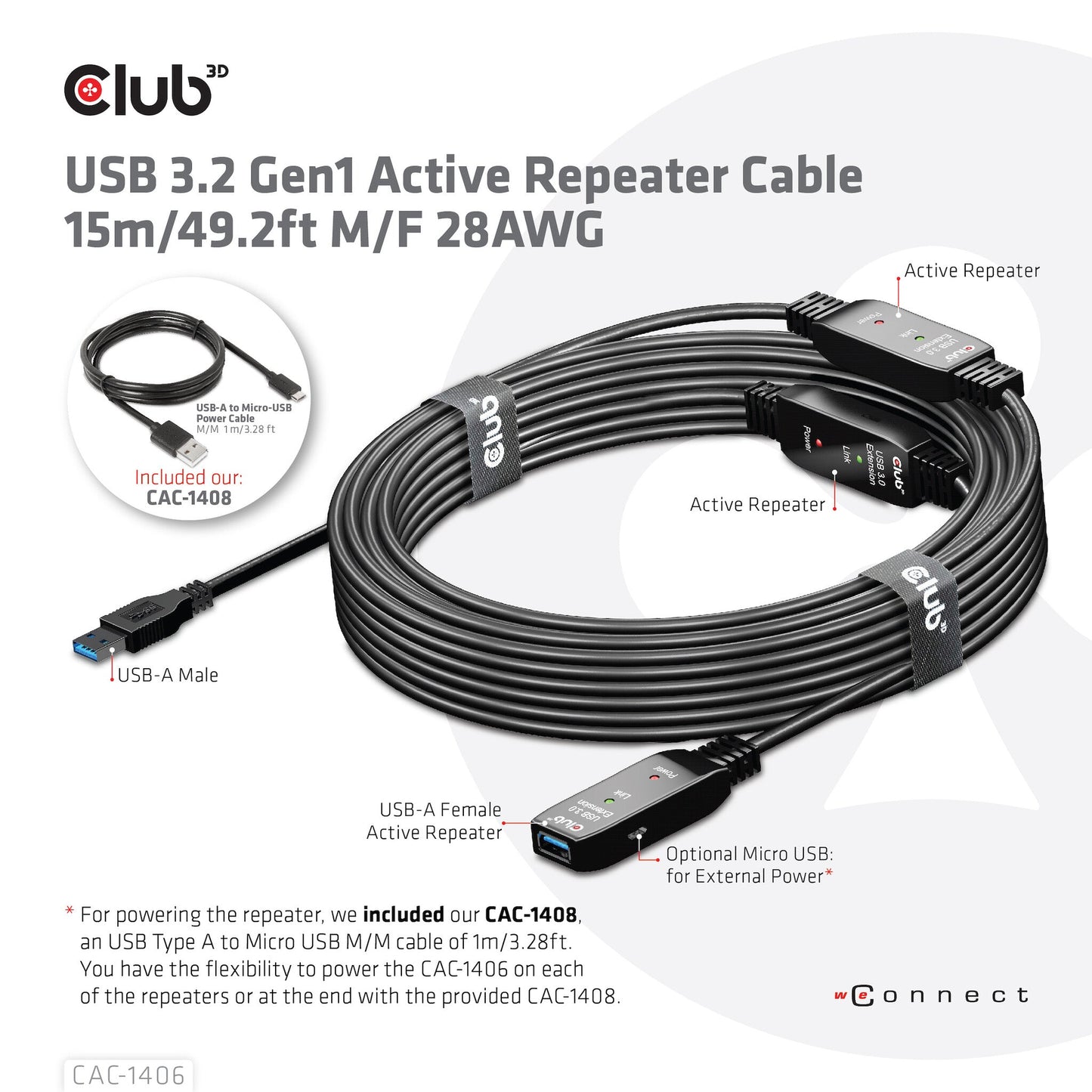 CLUB3D CAC-1406 USB-kablar 15 m USB 3.2 Gen 1 (3.1 Gen 1) USB A Svart