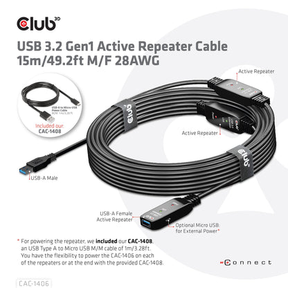 CLUB3D CAC-1406 USB-kablar 15 m USB 3.2 Gen 1 (3.1 Gen 1) USB A Svart